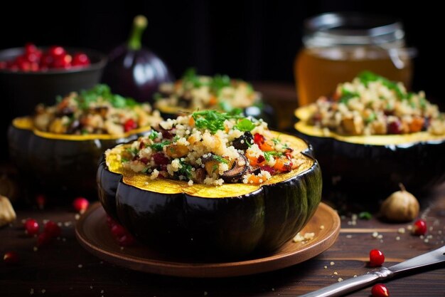 Foto calabaza de bellota al horno rellena de quinoa y verduras