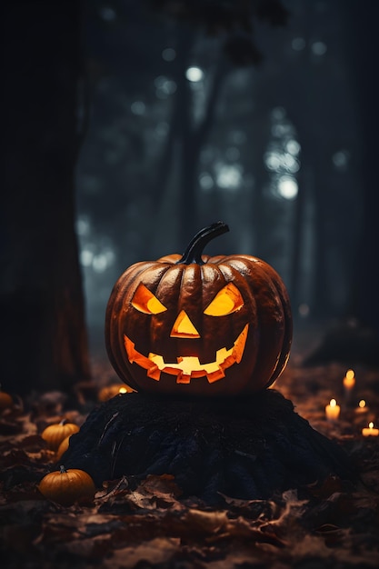 Calabaza en el bosque espeluznante Halloween Jack o Lantern