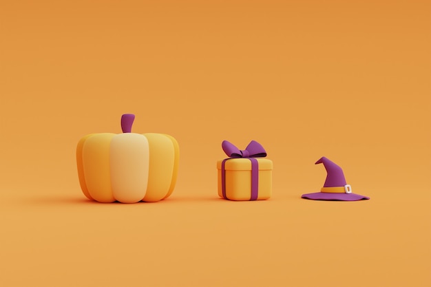 Calabaza, caja de regalo y sombrero de bruja flotan sobre fondo amarillo para el concepto de Feliz Halloween. Render 3D.