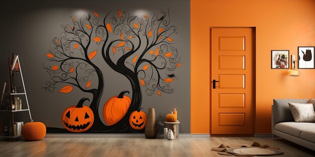 Foto una calabaza y calabazas están pintadas en una pared en una habitación