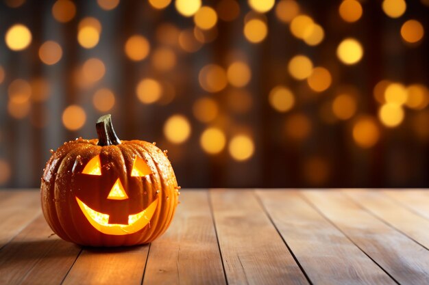 una calabaza con una cara brillante sobre una mesa de madera