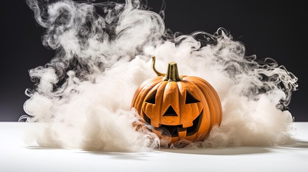 una calabaza con una cara tallada en él en el humo