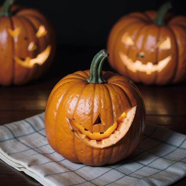 una calabaza con una cara tallada en ella