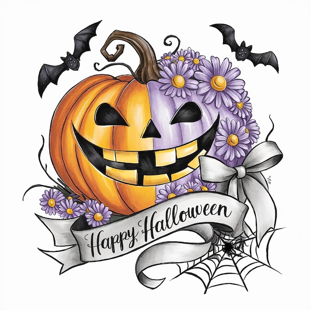 una calabaza con una cara tallada y flores púrpuras en ella