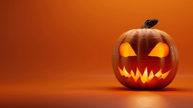 una calabaza con una cara tallada se muestra en un fondo naranja