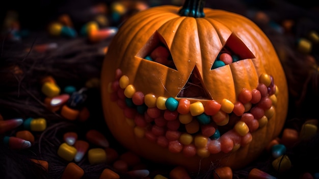 Una calabaza con caramelo y una cara con la palabra caramelo.