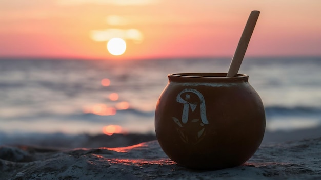 Foto calabaza chimarrao al atardecer infusión de yerba mate servida en los fríos días de invierno símbolo de la tradición gaucha dr