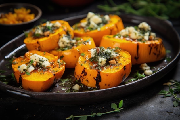 Calabaza cocida con queso y hierbas.