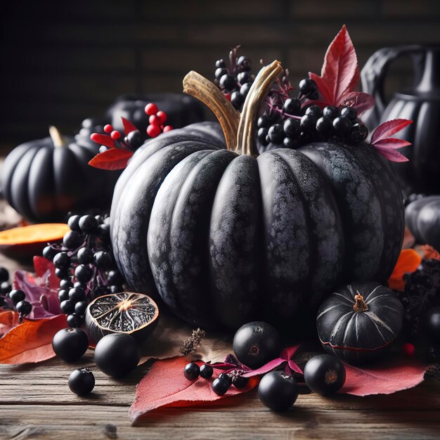 Calabaza de color negro con bayas y hojas en la mesa