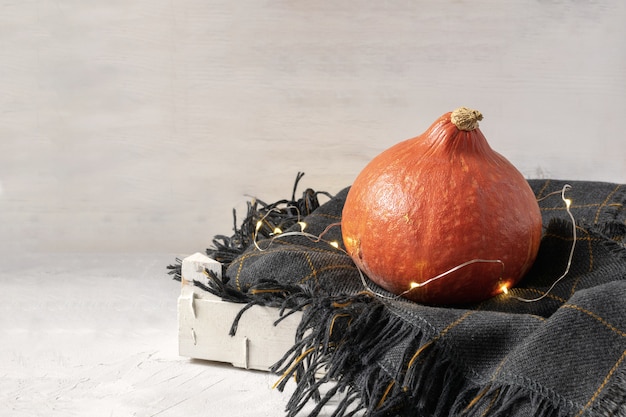 Calabaza en cuadros a cuadros de punto en caja de madera blanca.