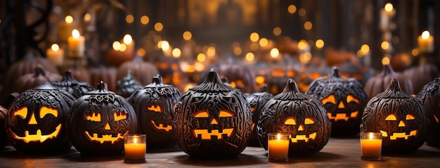 Una calabaza decorada hueco dentro encender velas dentro de la bandera de Halloween