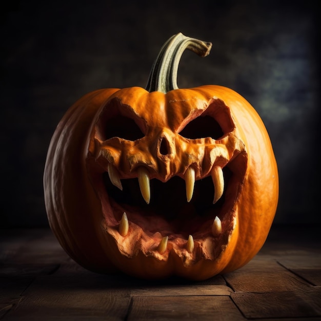 una calabaza con dientes afilados y afilados en una mesa de madera.