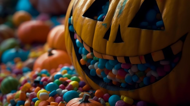 Una calabaza con dulces y una barra de chocolate en el fondo.