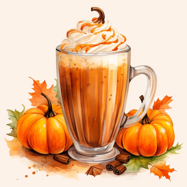 Foto calabaza especias latte acuarela bebida otoño acuarela otoño estacional ai generativo aislado