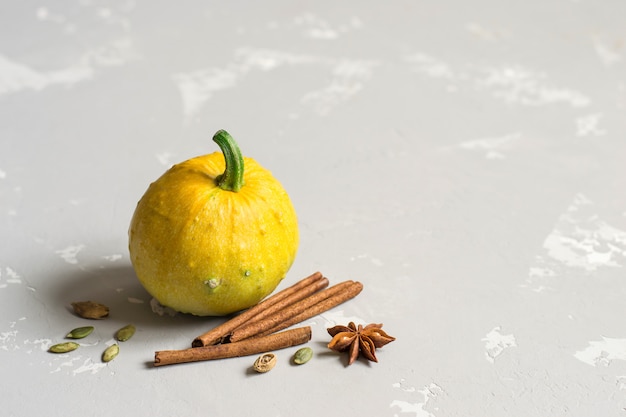 Calabaza y especias de otoño para hornear sobre un fondo gris.