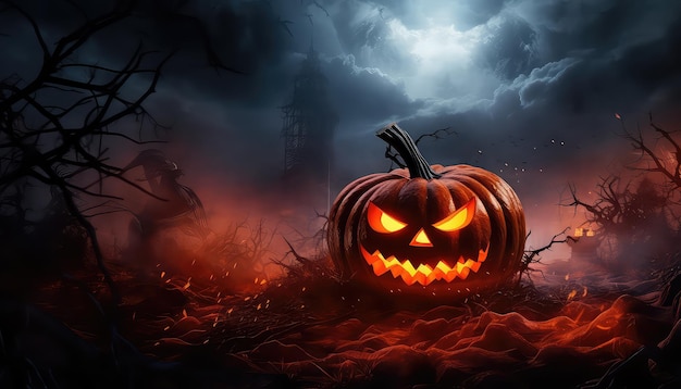 Calabaza espeluznante de Halloween en fuego y oscuridad