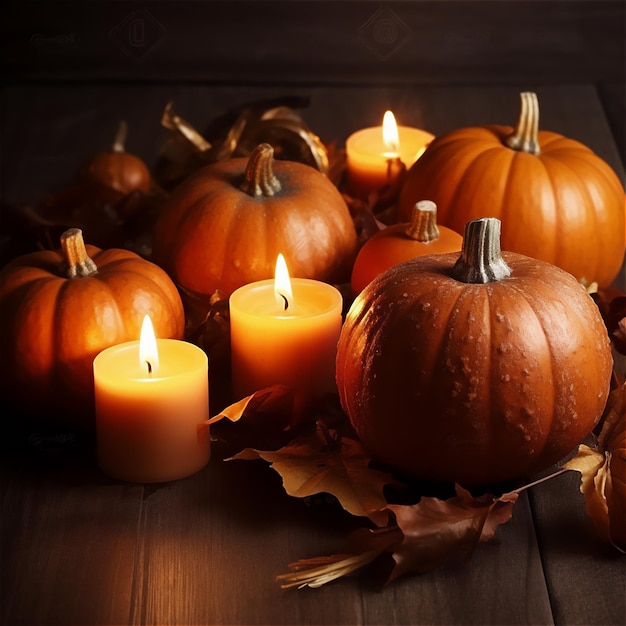 Una calabaza está rodeada de hojas y velas.