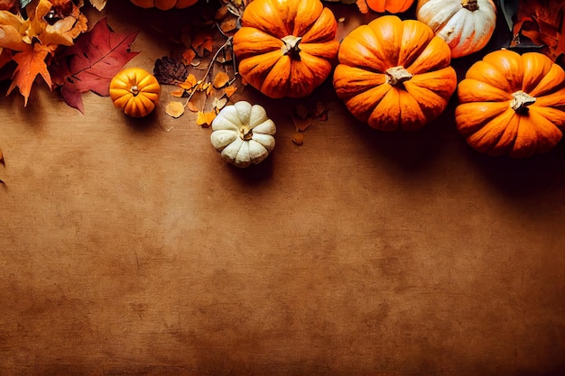 Calabaza feliz y hoja de otoño en una mesa de madera