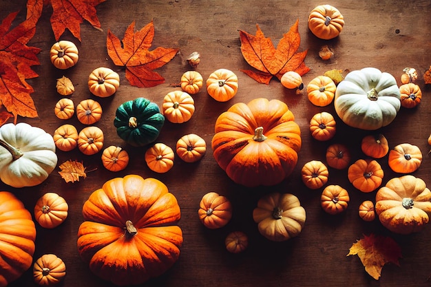 Calabaza feliz y hoja de otoño en una mesa de madera