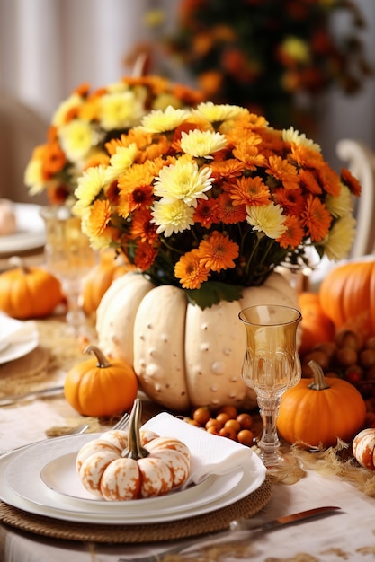 La calabaza y las flores decoran la mesa festiva para Acción de Gracias