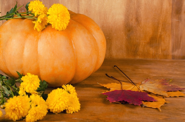 Calabaza, flores de otoño y hojas.