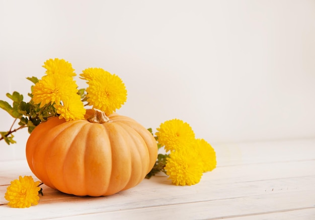 Calabaza y flores sobre un fondo blanco Concepto de cosecha de otoño Acción de gracias Espacio para copiar