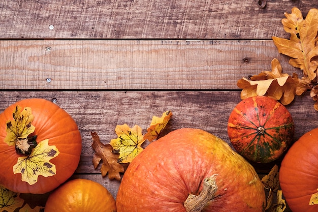 Calabaza. Fondo de comida de otoño con canela, nueces y especias de temporada sobre fondo rústico. Cocinar pastel de calabaza o manzana y galletas para el Día de Acción de Gracias y las vacaciones de otoño. Vista superior con espacio de copia.