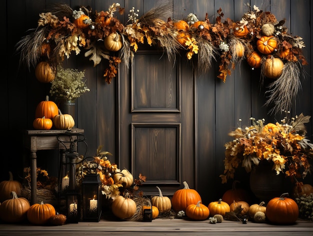 Calabaza fresca variada y calabaza en la mesa con hojas de otoño rojas y amarillas