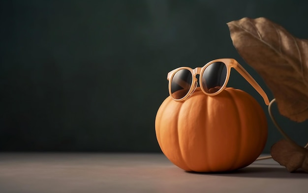 Una calabaza con gafas de sol y una hoja.