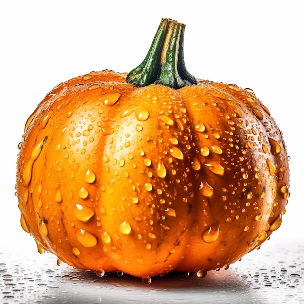 Una calabaza con gotas de agua y un fondo blanco.