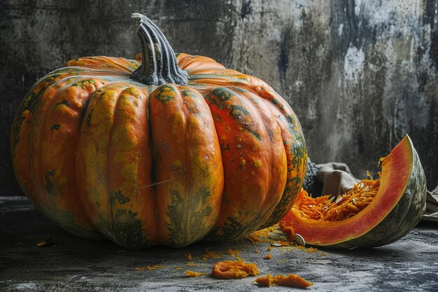 Foto una calabaza grande y algunos pedazos.