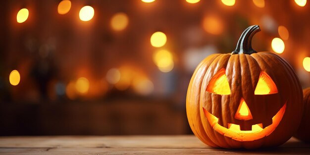 Una calabaza grande con una cara graciosa y brillante tallada de pie contra el telón de fondo de una decoración de Halloween