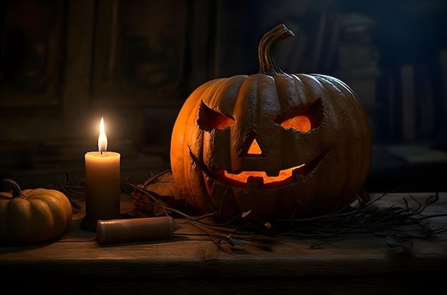 calabaza en una habitación oscura con velas