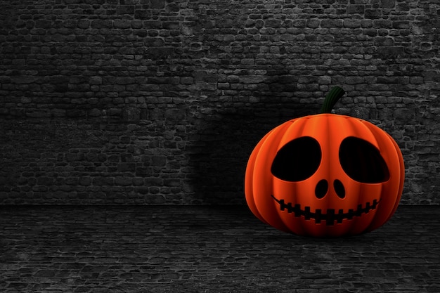 Calabaza de Halloween 3D en un interior de ladrillo grunge