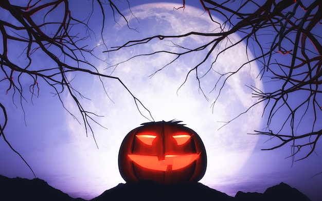 Calabaza de Halloween 3D en paisaje iluminado por la luna