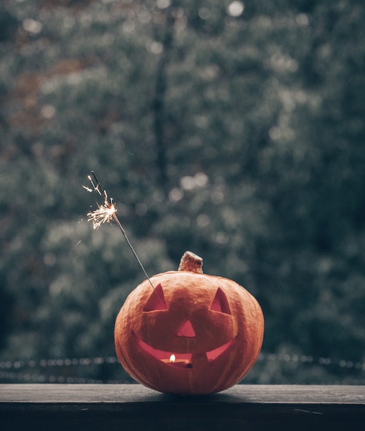 Calabaza de Halloween en un acogedor alféizar de la ventana con una tela escocesa roja. Calabaza entera y bengala al aire libre. ¡Feliz Halloween! El otoño es acogedor. lluvia afuera.