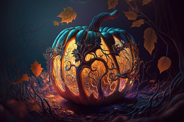 Una calabaza de halloween con un árbol en la parte inferior.