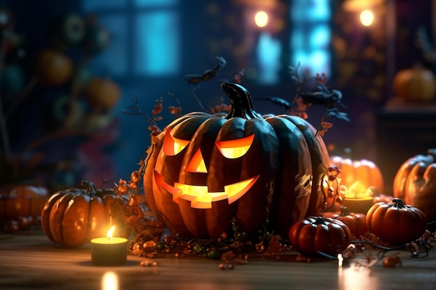 Calabaza de Halloween aterradora Día de la fiesta y celebración de los santos muertos 31 de octubre Intimidación y entretenimiento a la hora de acostarse Disfraces espeluznantes divirtiéndose en la fiesta de Halloween Spooky Night Generative AI