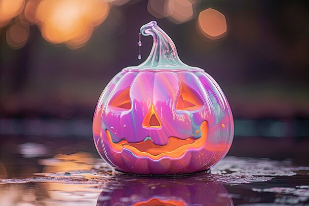 Calabaza de halloween aterradora con pintura de goteo de neón pastel en el fondo