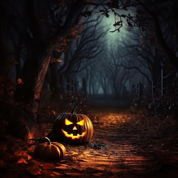 Calabaza de Halloween en el bosque oscuro Jack Lantern tallado Calabaza aterradora Noche de otoño tradicional Vacaciones Generativa AI Ilustración