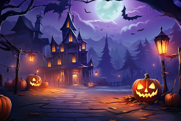 Calabaza de Halloween en un bosque oscuro Linterna tallada Jack Calabaza aterradora Fiesta tradicional de la noche de otoño en una casa terrible Ilustración generativa de IA