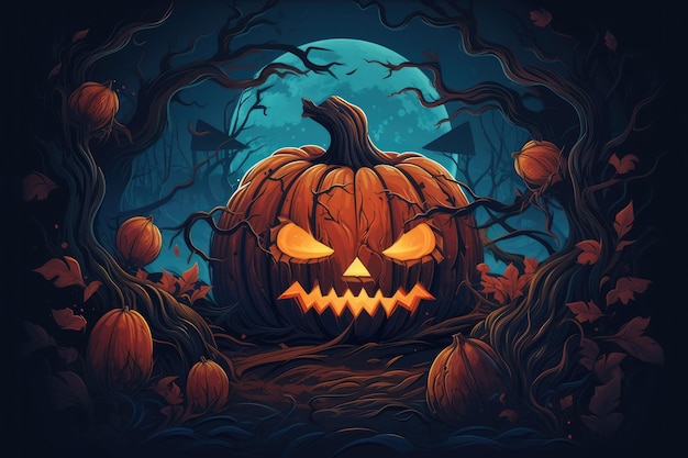 Una calabaza de halloween en un bosque oscuro con luna llena al fondo