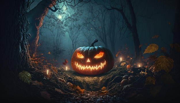 Una calabaza de halloween en un bosque oscuro con una vela en el medio.