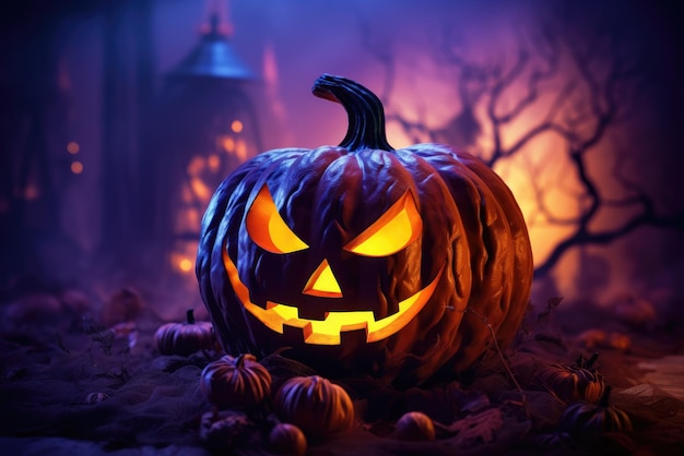 una calabaza de Halloween brillante en la oscuridad