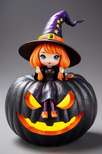 Una calabaza de Halloween con una bruja en ella