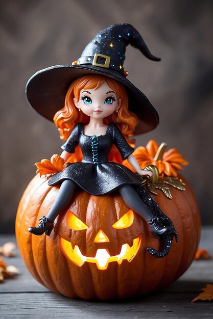 Una calabaza de Halloween con una bruja en ella