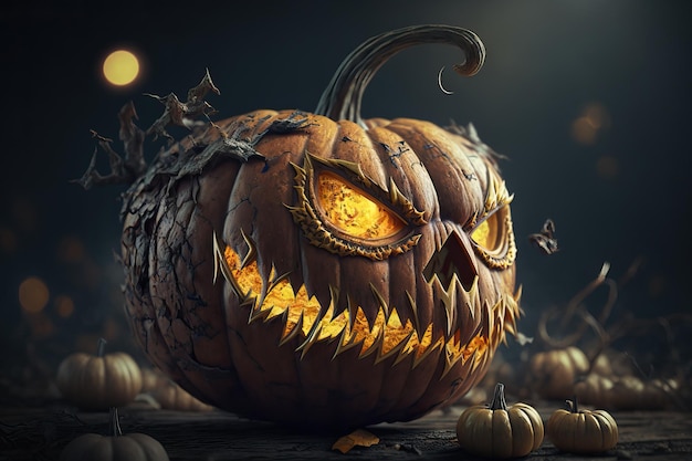 Una calabaza de halloween con una cara aterradora y un fondo negro.