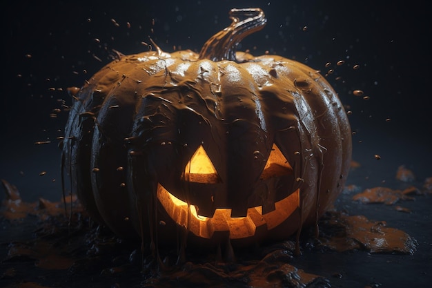 Una calabaza de halloween con una cara brillante está iluminada con un fondo oscuro.
