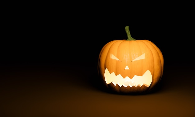 Calabaza de Halloween con cara de miedo iluminada sobre fondo oscuro y espacio para texto. Representación 3d