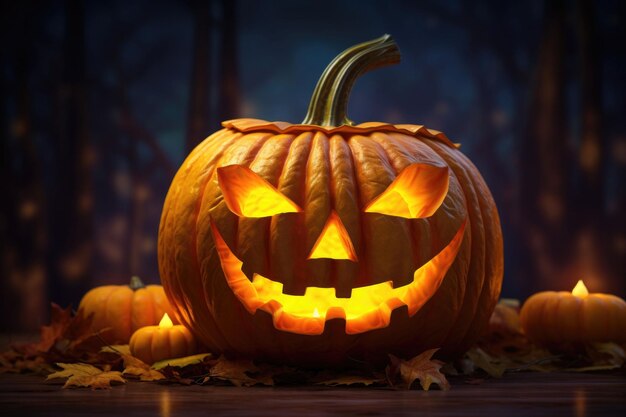 Calabaza de Halloween con cara de miedo sobre fondo oscuro Ilustración generada por IA